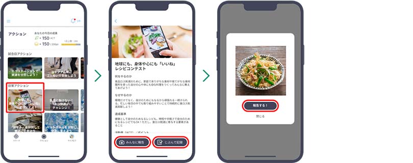 (2)日常アクション一覧から自分に合う行動を見つけて、日常的に行動してみてアプリで記録・共有