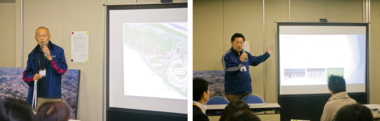 （左）新横浜公園（日産スタジアム）管理事務所 技術監理部 技術監理課長 石川泰利（いしかわ・やすとし）さん　（右）同事務所 事業部　事業課長 渡辺憲二さん