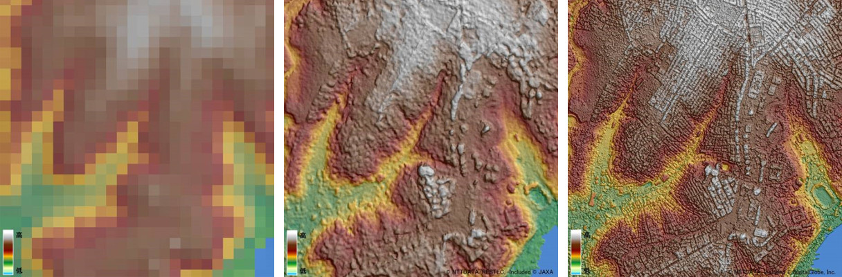 デジタル3D地図の解像度比較　左：90m解像度（従来の3D地図）　中：AW3Dの5m解像度モデル　右：同2m解像度モデル
