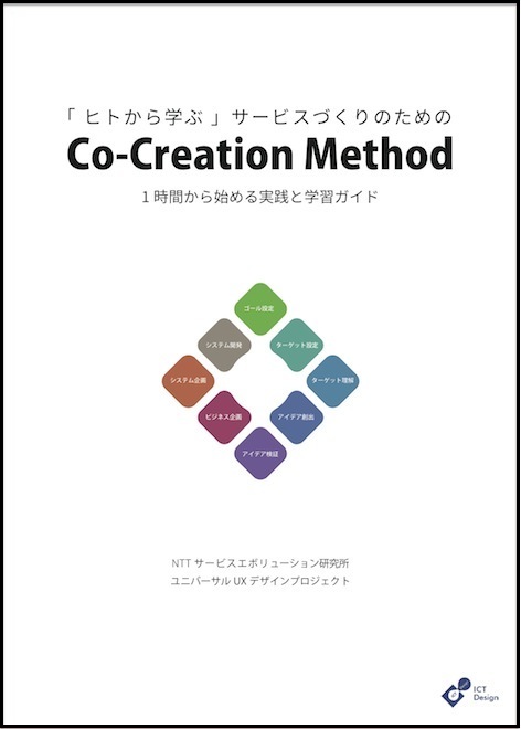 NTTサービスエボリューション研究所 ユニバーサルUXデザインプロジェクトが開発した、ユーザー中心の考え方を実践形式で体験できるガイドブック。サービスづくりにまつわる7つの悩みを選択し、1つの悩みに対応したワークが1時間以内で完結するように設計されている