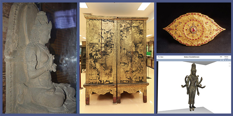 図1：左から時計回りにPrajnyaparamita Sculpture（インドネシア国立博物館）、Manuscript cabinet on pig-legged（タイ国立図書館）、BELT BUCKLE（マレーシア博物館局）、Statue of Avalokitesvaraの3Dデータ（マレーシア国立博物館）