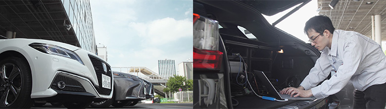 実証実験に用いられた車両と機材設定の様子