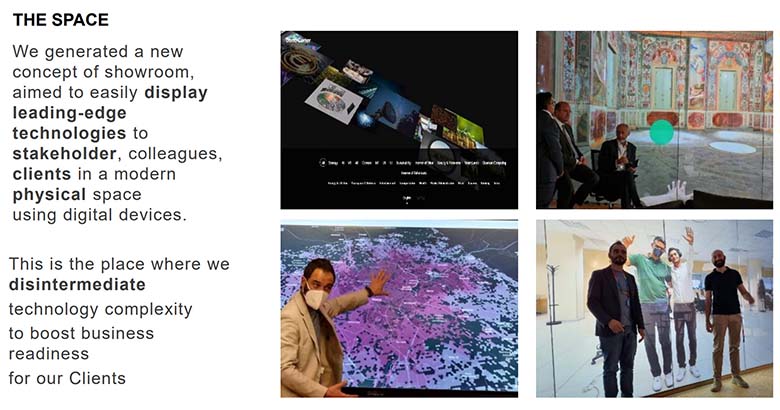 「THE SPACE」 2カ所のイノベーションセンタをライブで繋ぎ、共にプレゼンテーションを行うこともある（右下）