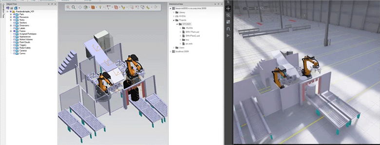 図1（左）：既存の3Dモデル 図2（右）：NVIDIA Omniverseにインポートした3Dモデル