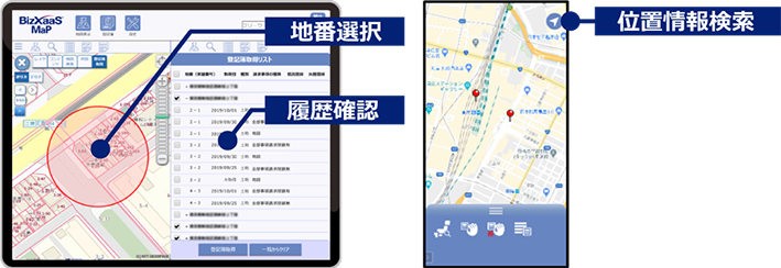 登記取得機能イメージ図。地番選択、履歴確認。位置情報検索。