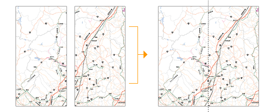 隣接する地域の地図をつなぎ合わせて、一枚の地図として表示 図